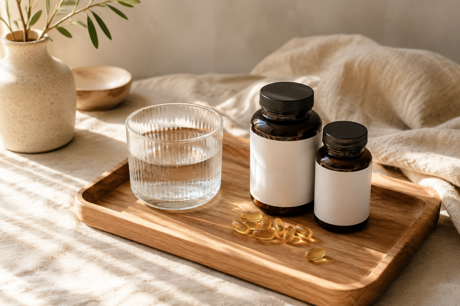 Two bottles of supplements on a wooden tray with a glass of water and a plant in the background.